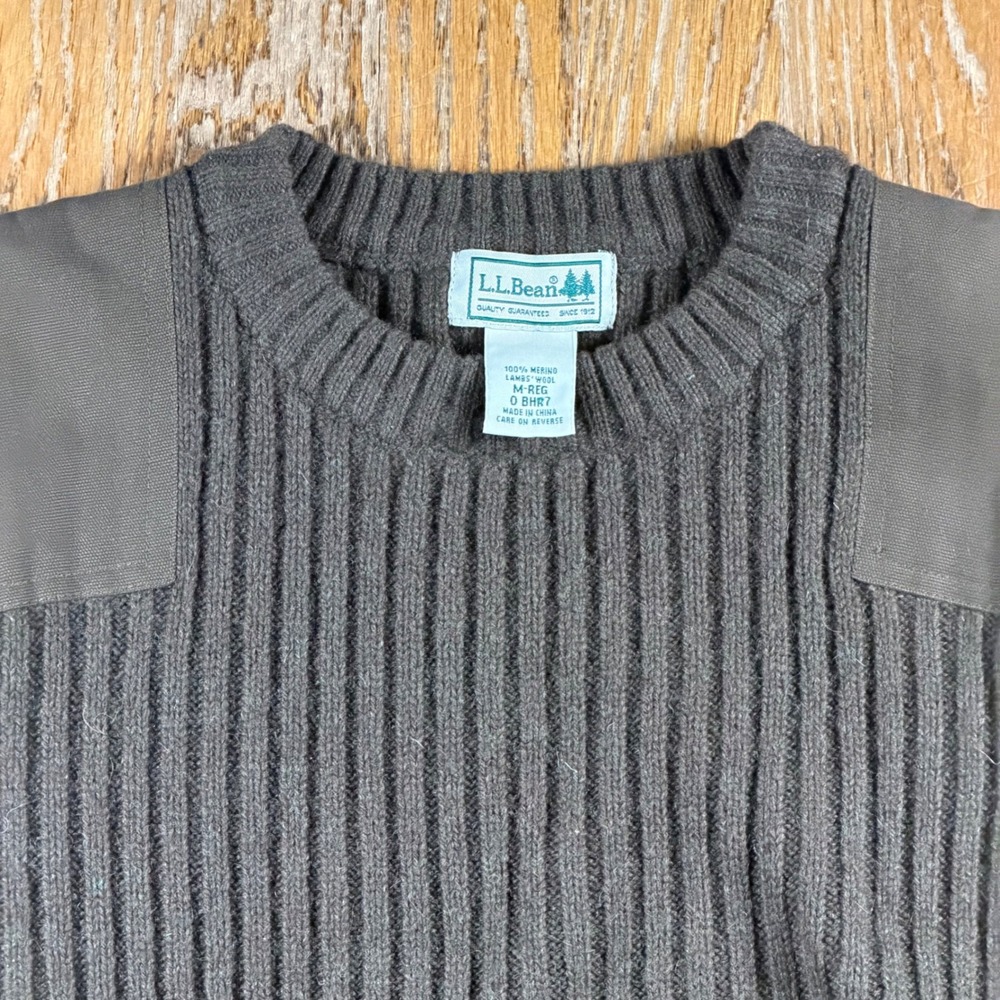 LL Bean Mens M-REG Commando Sweater Merino Lambswool Ribbed Knit Brown Patch